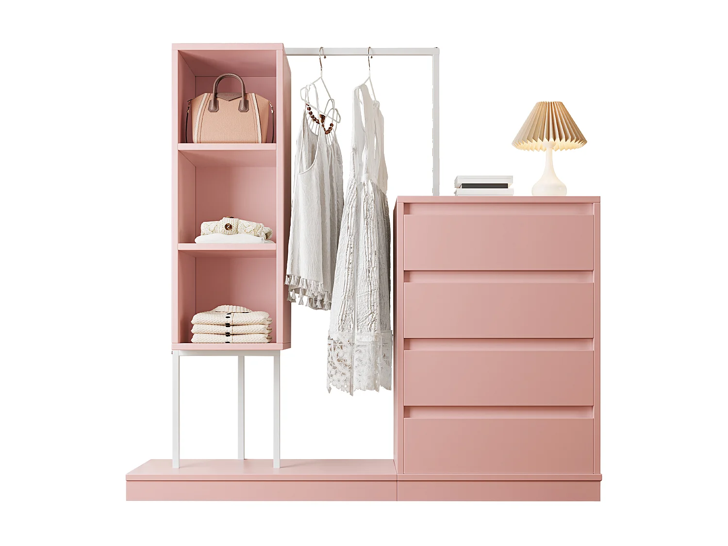 Commode multifonctionnel - 4 tiroirs +3 compartiments ouverts + tringle à vêtements - Rose