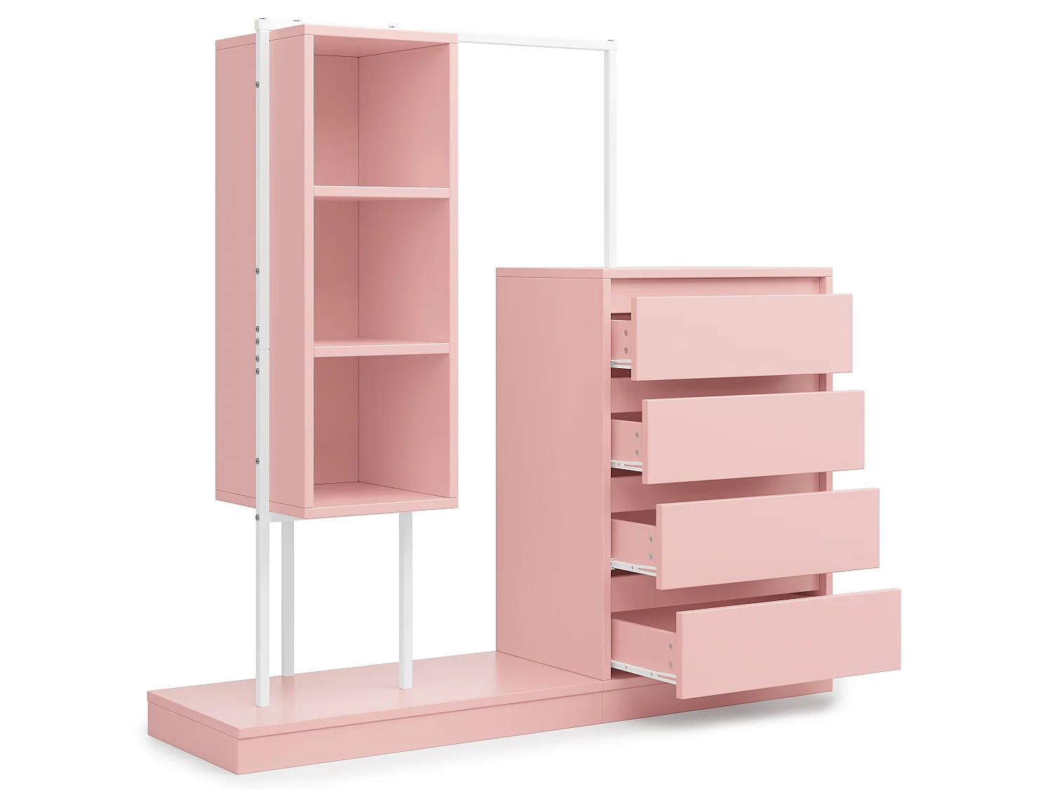 Commode multifonctionnel - 4 tiroirs +3 compartiments ouverts + tringle à vêtements - Rose