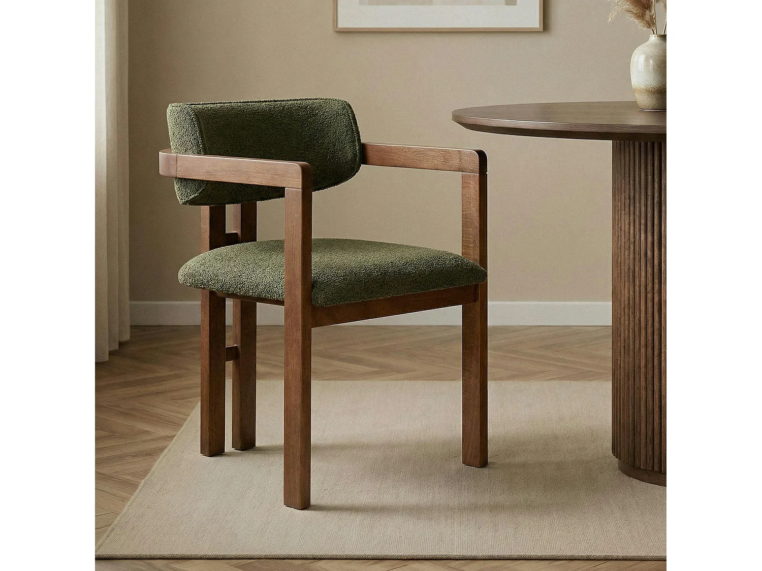 Chaise avec accoudoirs bois et tissu vert MARFA
