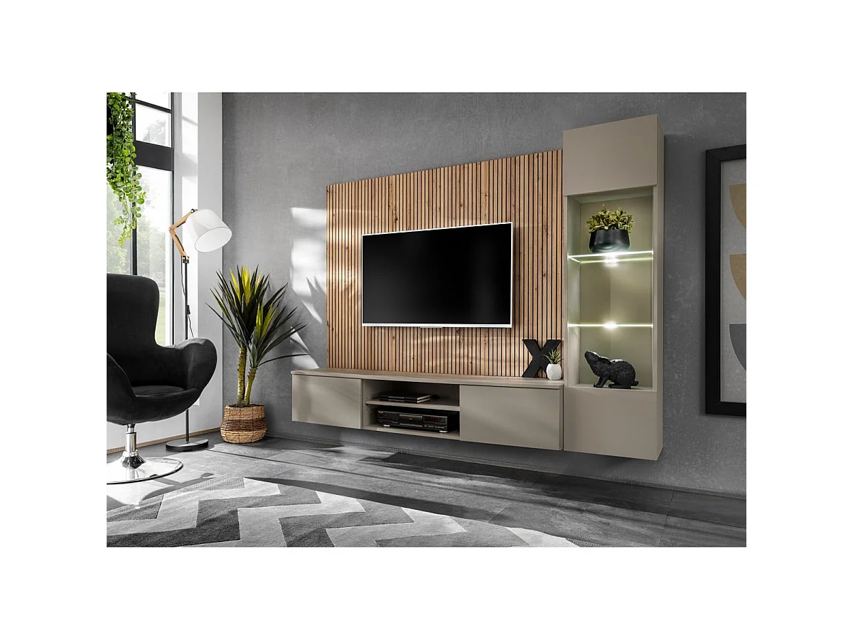 Ensemble Meuble TV Rayure "Xari" 200cm Naturel & Gris Argile