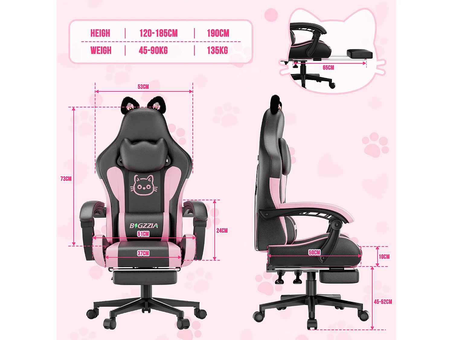Rattantree Fauteuil gaming mignon à oreilles de chat avec repose-pieds, fauteuil gaming ergonomique inclinable rose avec coussin d'appui-tête et hauteur réglable
