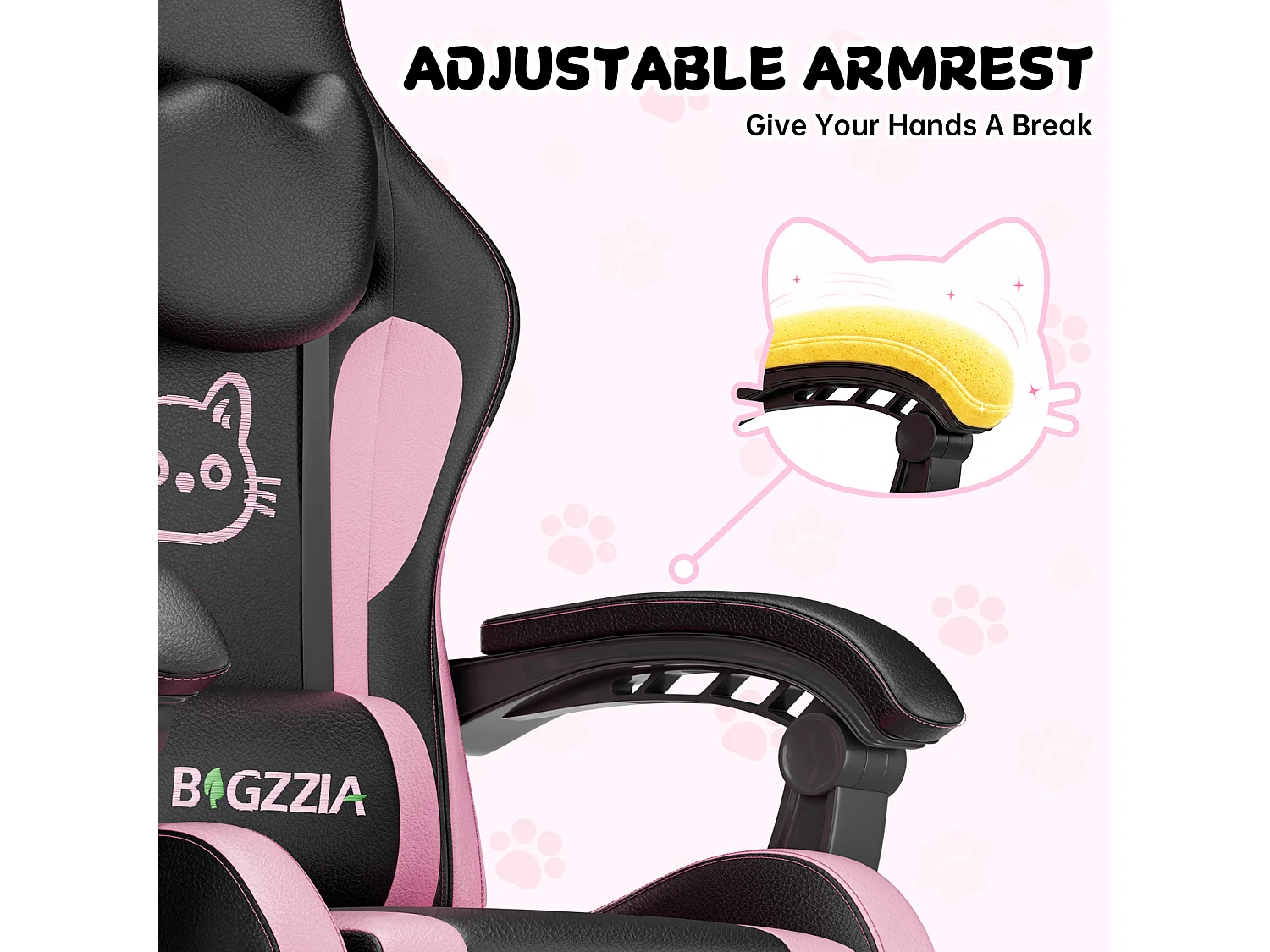 Rattantree Fauteuil gaming mignon à oreilles de chat avec repose-pieds, fauteuil gaming ergonomique inclinable rose avec coussin d'appui-tête et hauteur réglable