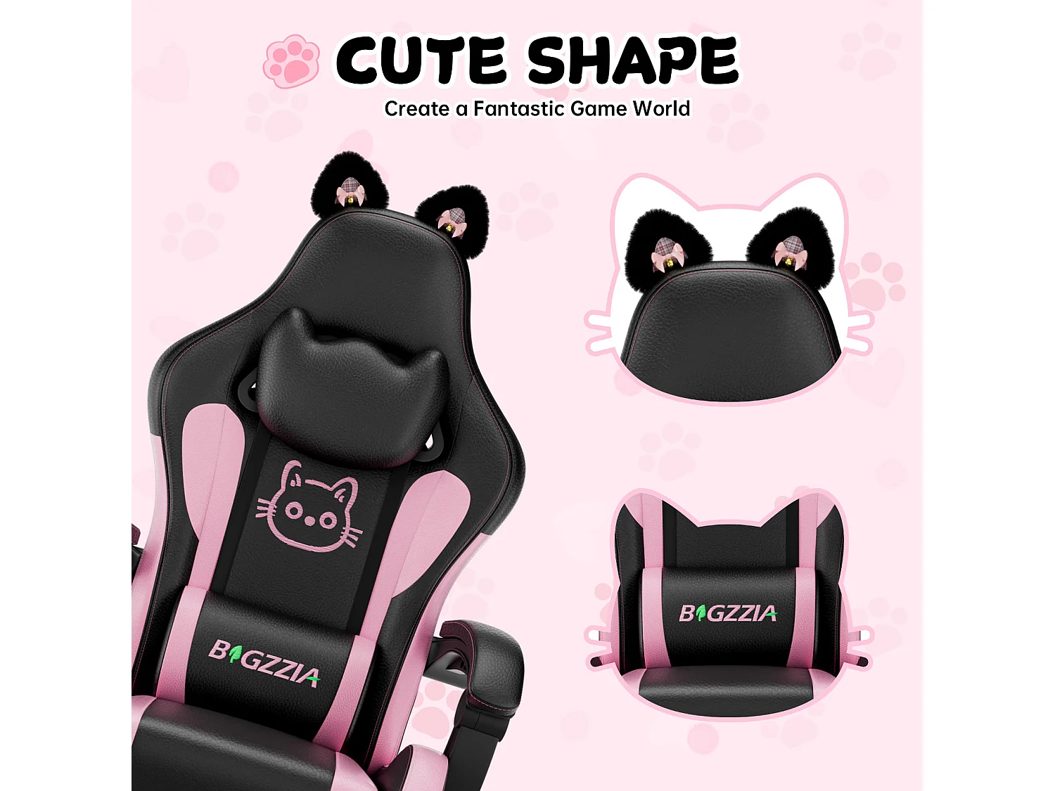 Rattantree Fauteuil gaming mignon à oreilles de chat avec repose-pieds, fauteuil gaming ergonomique inclinable rose avec coussin d'appui-tête et hauteur réglable