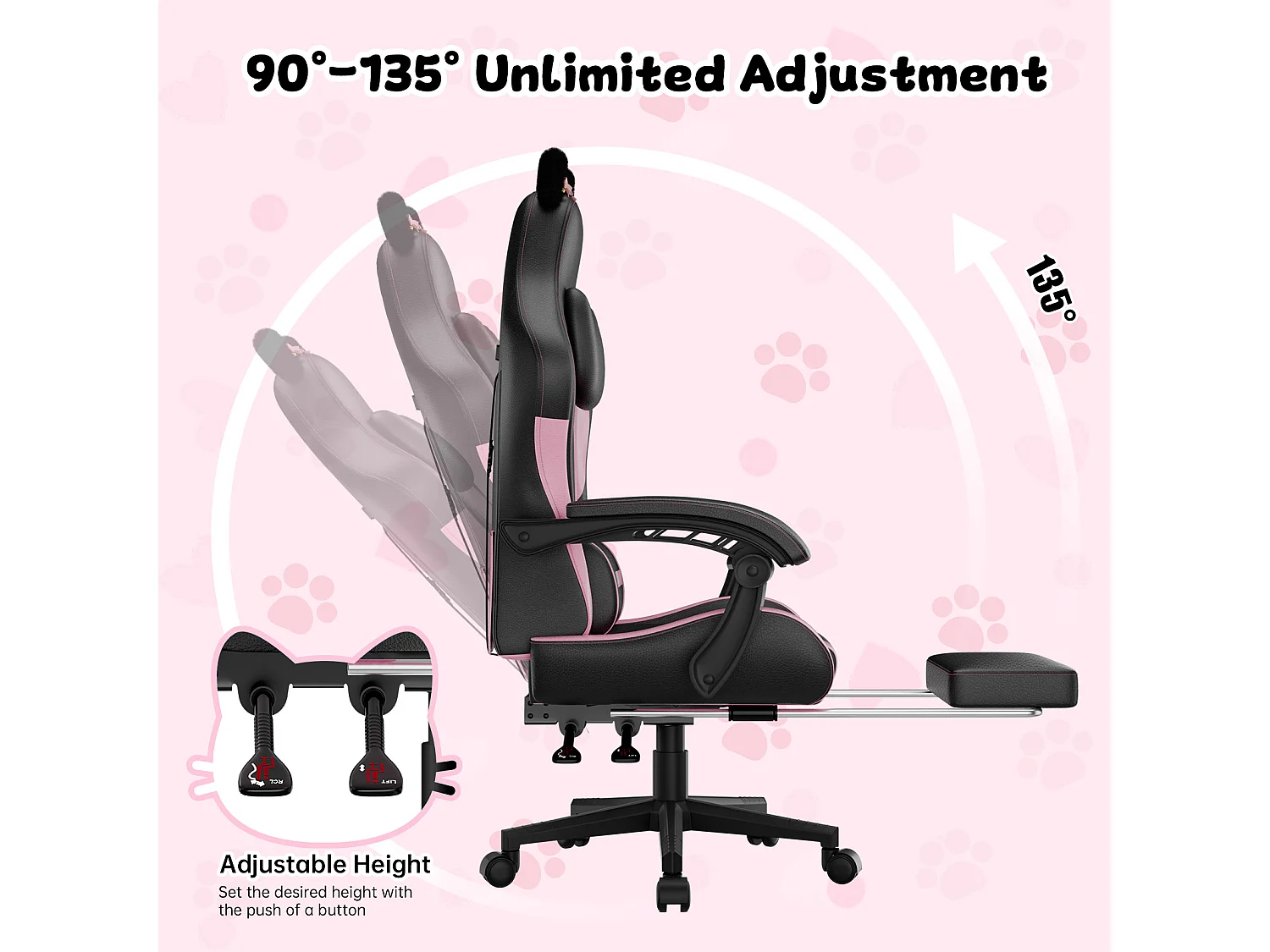 Rattantree Fauteuil gaming mignon à oreilles de chat avec repose-pieds, fauteuil gaming ergonomique inclinable rose avec coussin d'appui-tête et hauteur réglable