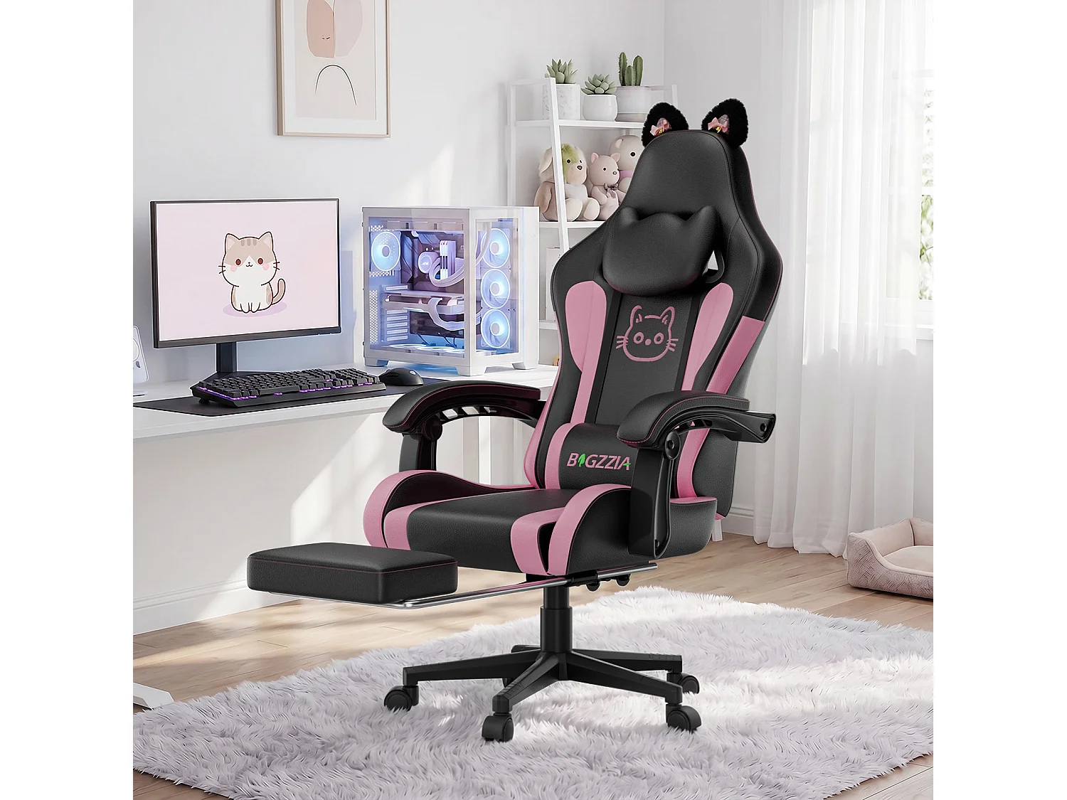 Rattantree Fauteuil gaming mignon à oreilles de chat avec repose-pieds, fauteuil gaming ergonomique inclinable rose avec coussin d'appui-tête et hauteur réglable