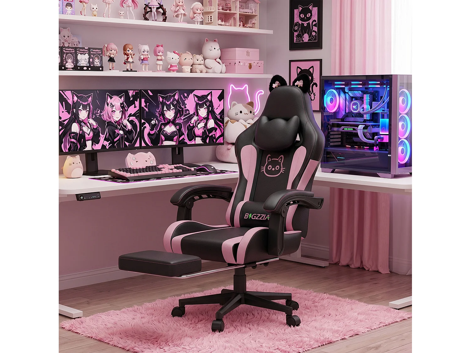 Rattantree Fauteuil gaming mignon à oreilles de chat avec repose-pieds, fauteuil gaming ergonomique inclinable rose avec coussin d'appui-tête et hauteur réglable