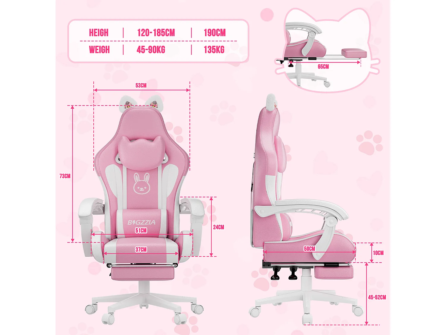 Rattantree Fauteuil gaming mignon à oreilles de chat avec repose-pieds, fauteuil gaming ergonomique inclinable rose avec coussin d'appui-tête et hauteur réglable