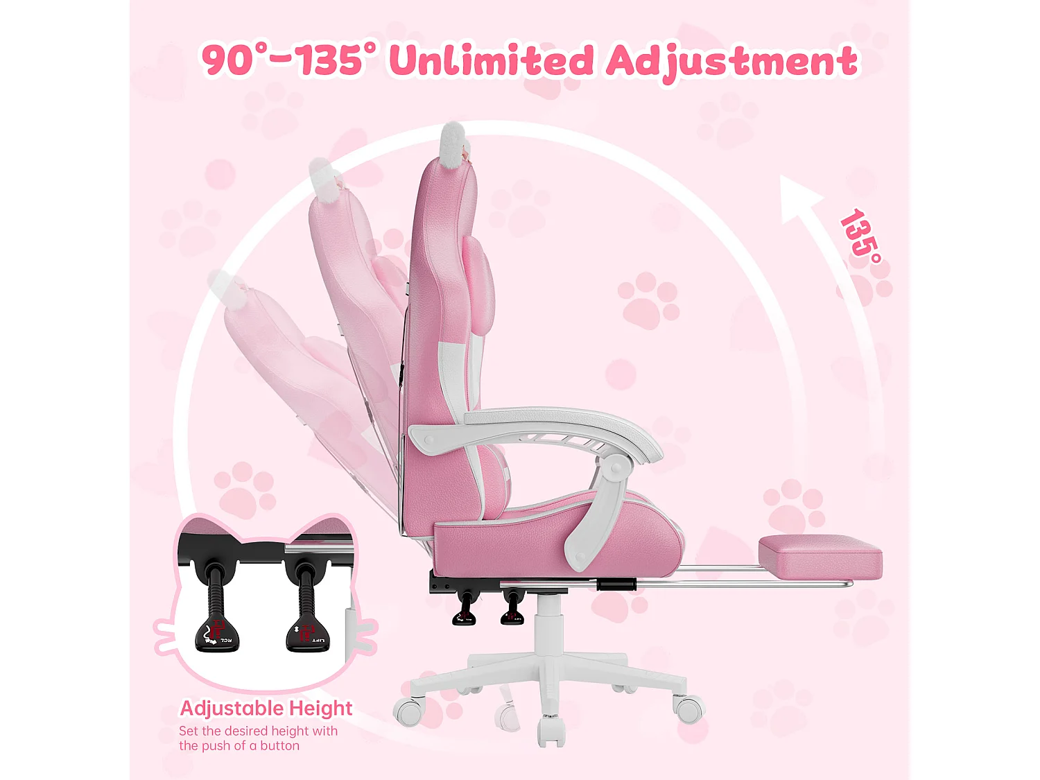 Rattantree Fauteuil gaming mignon à oreilles de chat avec repose-pieds, fauteuil gaming ergonomique inclinable rose avec coussin d'appui-tête et hauteur réglable
