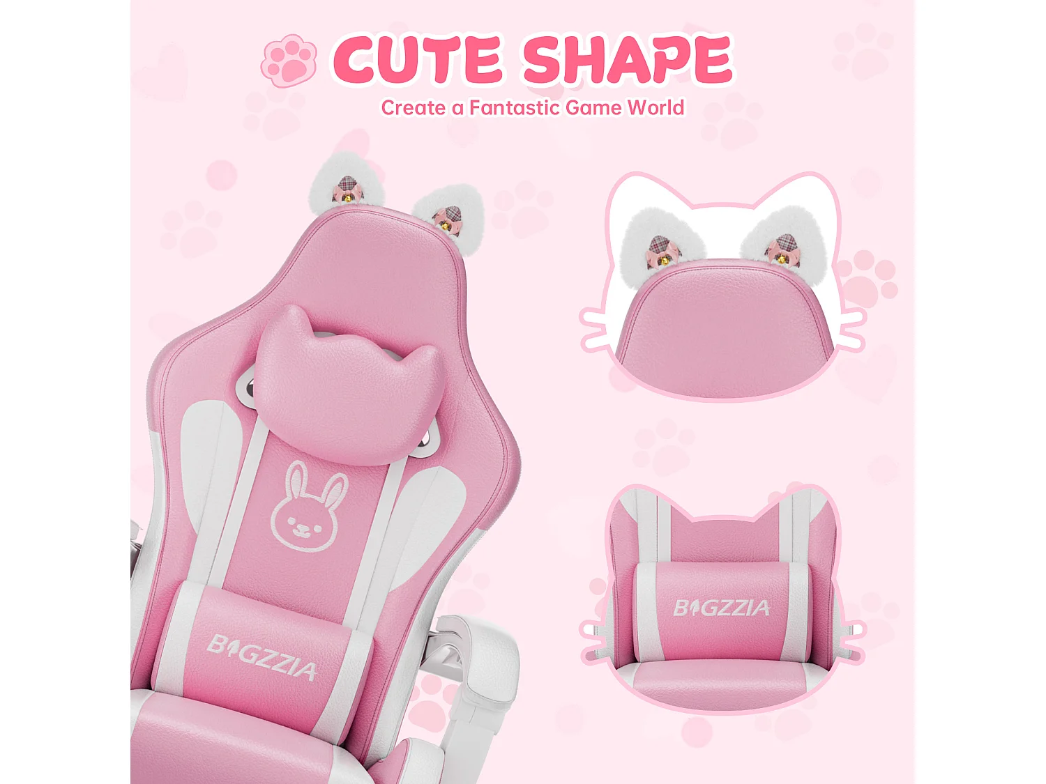Rattantree Fauteuil gaming mignon à oreilles de chat avec repose-pieds, fauteuil gaming ergonomique inclinable rose avec coussin d'appui-tête et hauteur réglable
