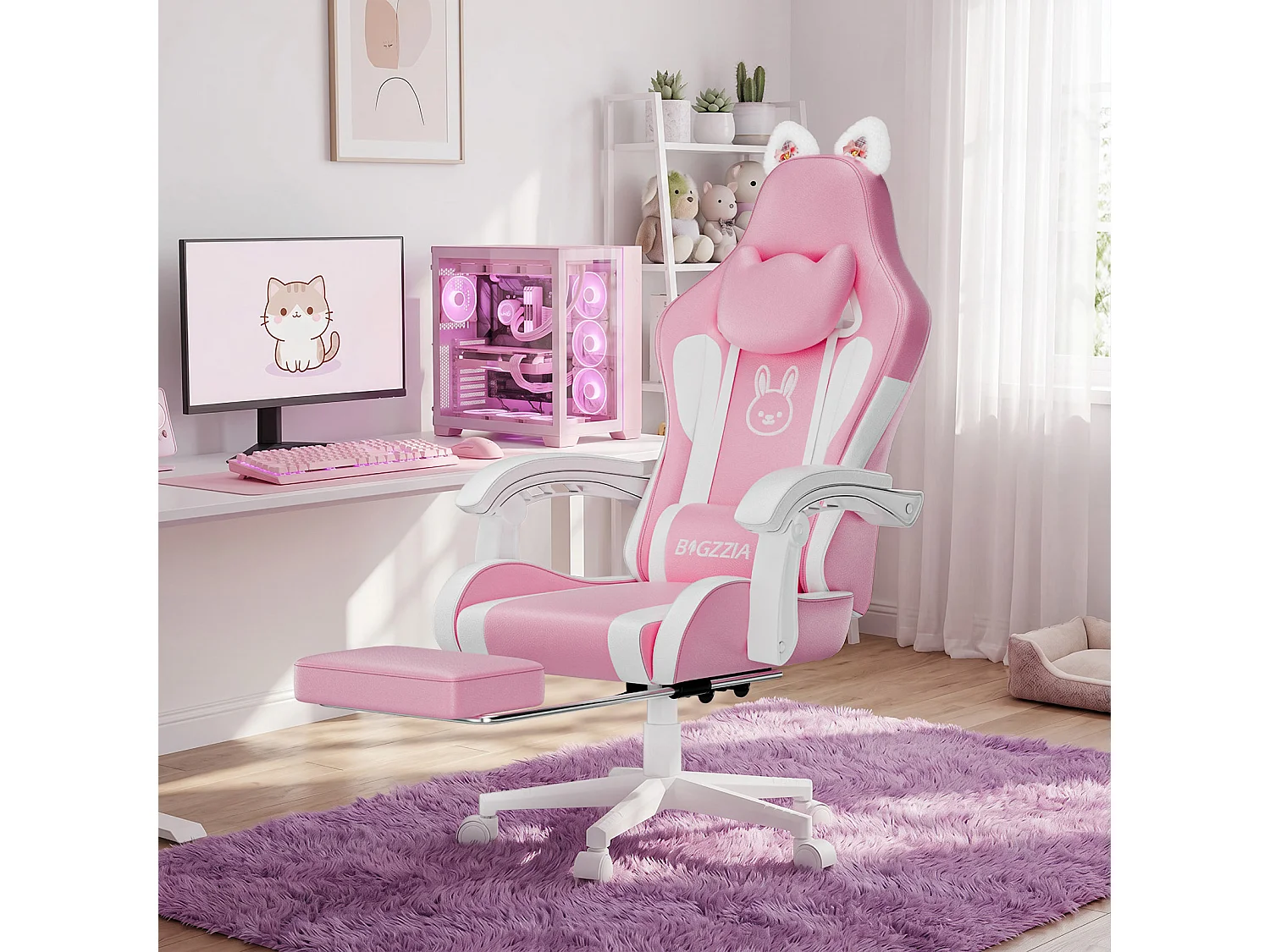 Rattantree Fauteuil gaming mignon à oreilles de chat avec repose-pieds, fauteuil gaming ergonomique inclinable rose avec coussin d'appui-tête et hauteur réglable