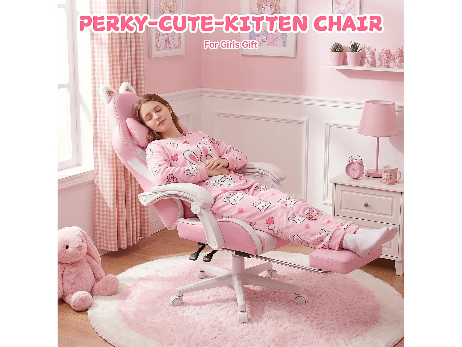 Rattantree Fauteuil gaming mignon à oreilles de chat avec repose-pieds, fauteuil gaming ergonomique inclinable rose avec coussin d'appui-tête et hauteur réglable
