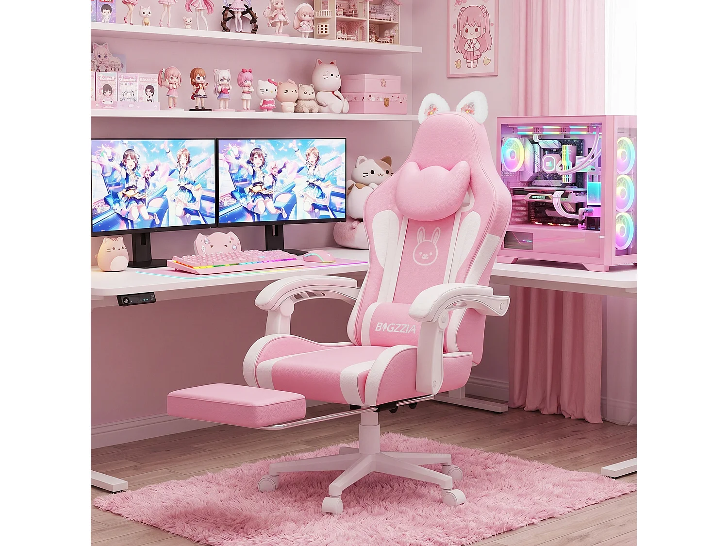 Rattantree Fauteuil gaming mignon à oreilles de chat avec repose-pieds, fauteuil gaming ergonomique inclinable rose avec coussin d'appui-tête et hauteur réglable