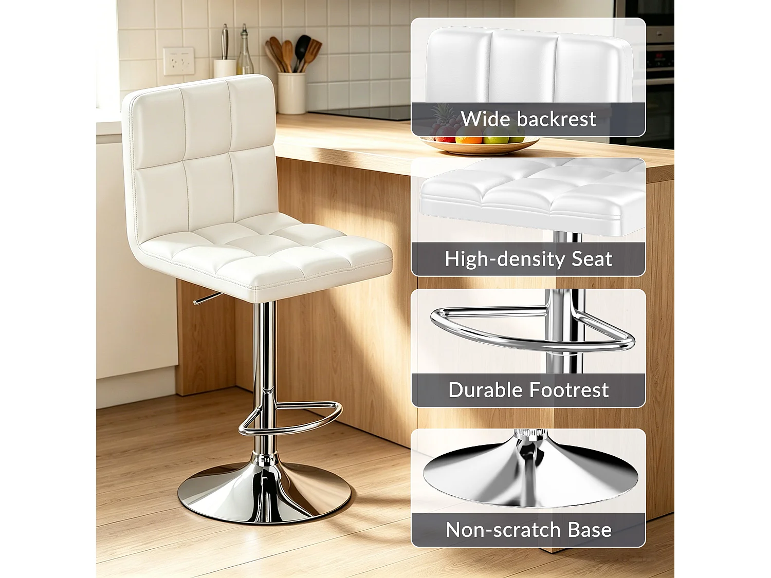 Lot de 2 tabourets de bar — pivotants à 360°, rembourrés, à hauteur réglable
