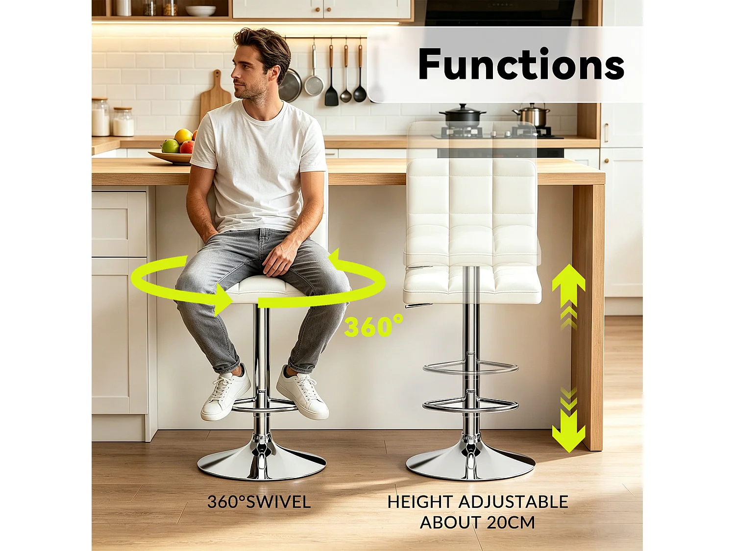 Lot de 2 tabourets de bar — pivotants à 360°, rembourrés, à hauteur réglable