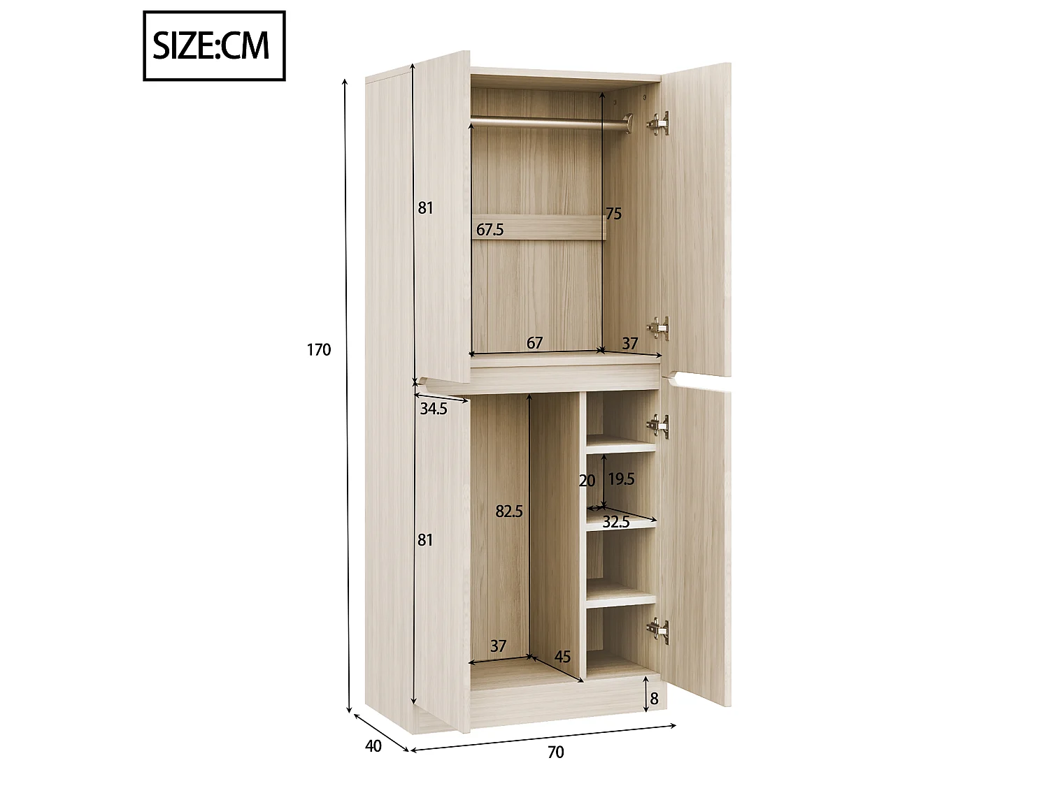 Armoire 70 × 40 × 170 cm, design à double porte avec petit compartiment de rangement, couleur bois
