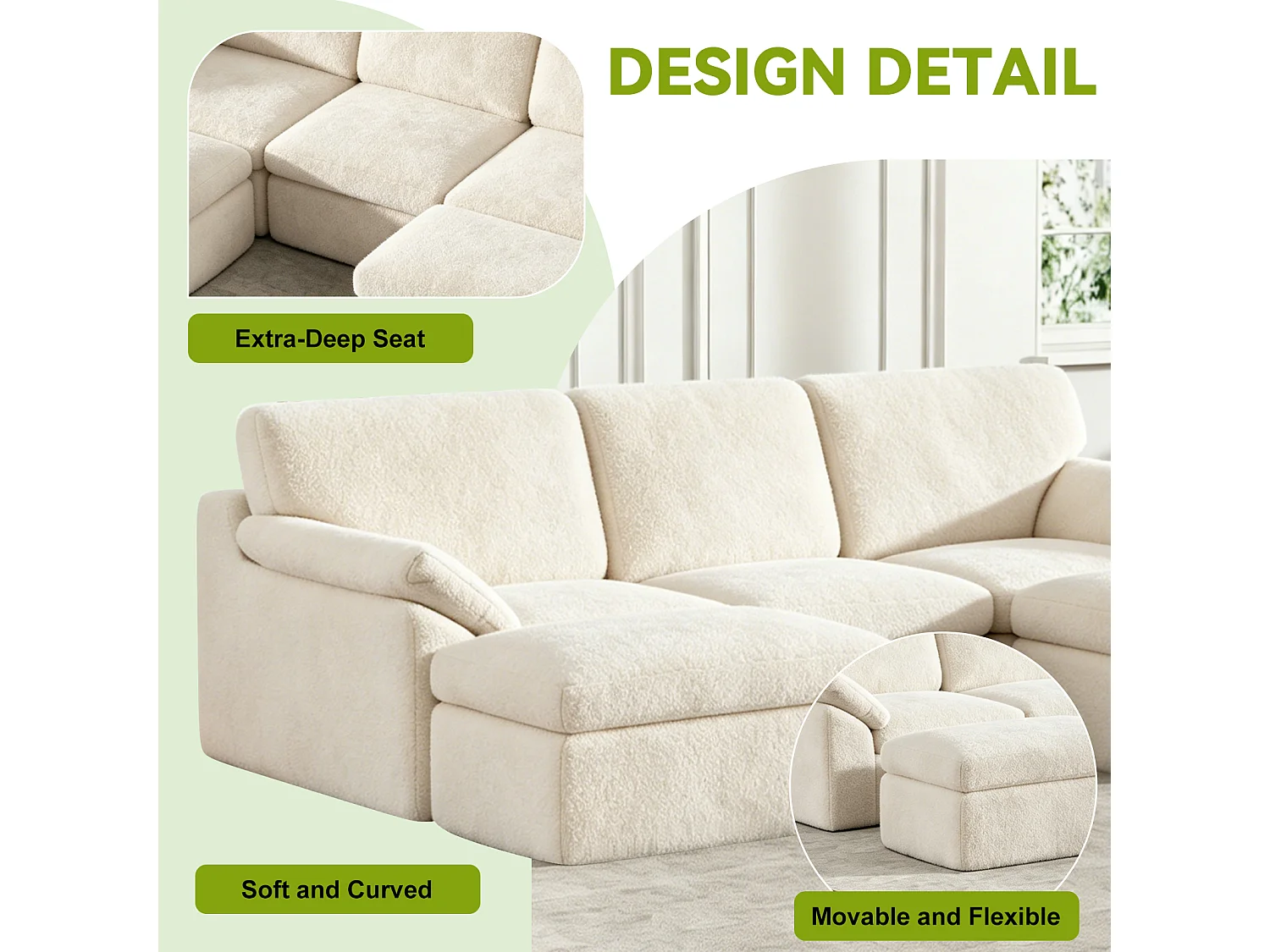 Rattantree Canapé modulaire « Cloud » en forme de U à 5 places, canapé d'angle confortable sans armature, combinaisons flexibles, aucun montage requis