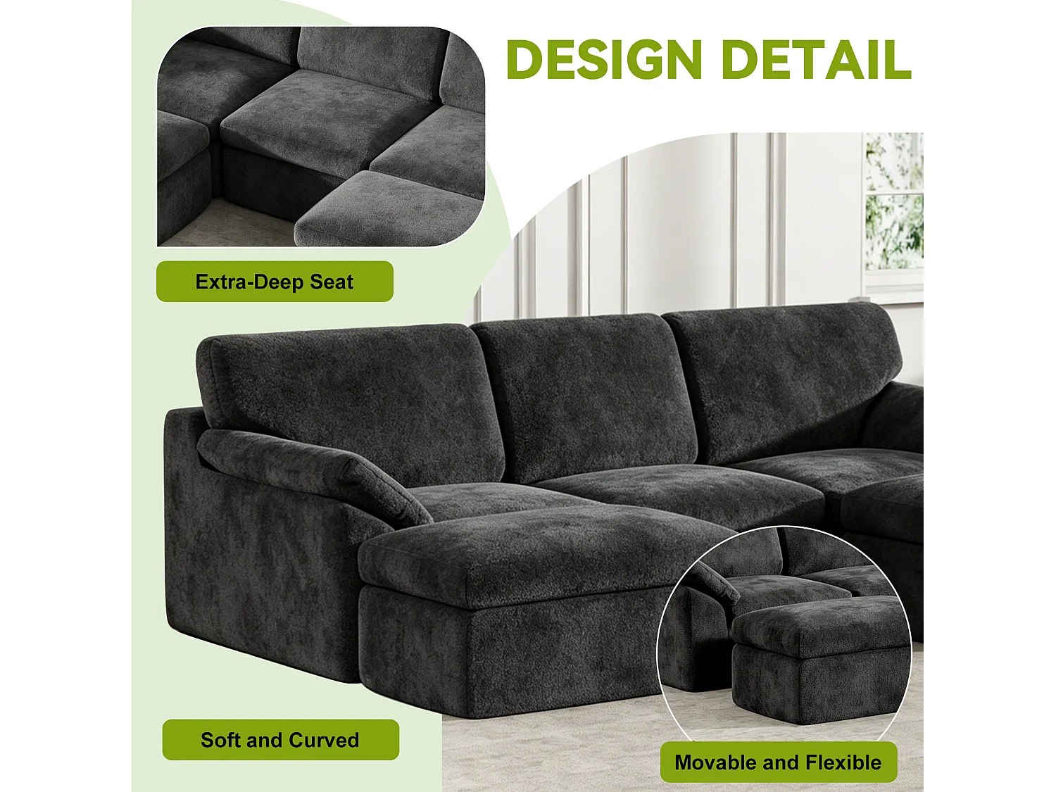 Rattantree Canapé modulaire « Cloud » en forme de U à 5 places, canapé d'angle confortable sans armature, combinaisons flexibles, aucun montage requis