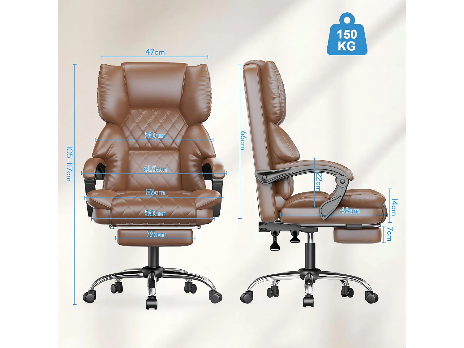 Rattantree Fauteuil de Bureau Ergonomique avec Repose-Pieds, Chaise de Bureau Inclinable en Cuir PU, Soutien Lombaire, Hauteur Réglable, Dossier Haut
