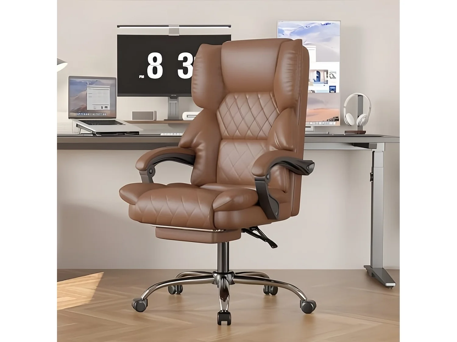Rattantree Fauteuil de Bureau Ergonomique avec Repose-Pieds, Chaise de Bureau Inclinable en Cuir PU, Soutien Lombaire, Hauteur Réglable, Dossier Haut