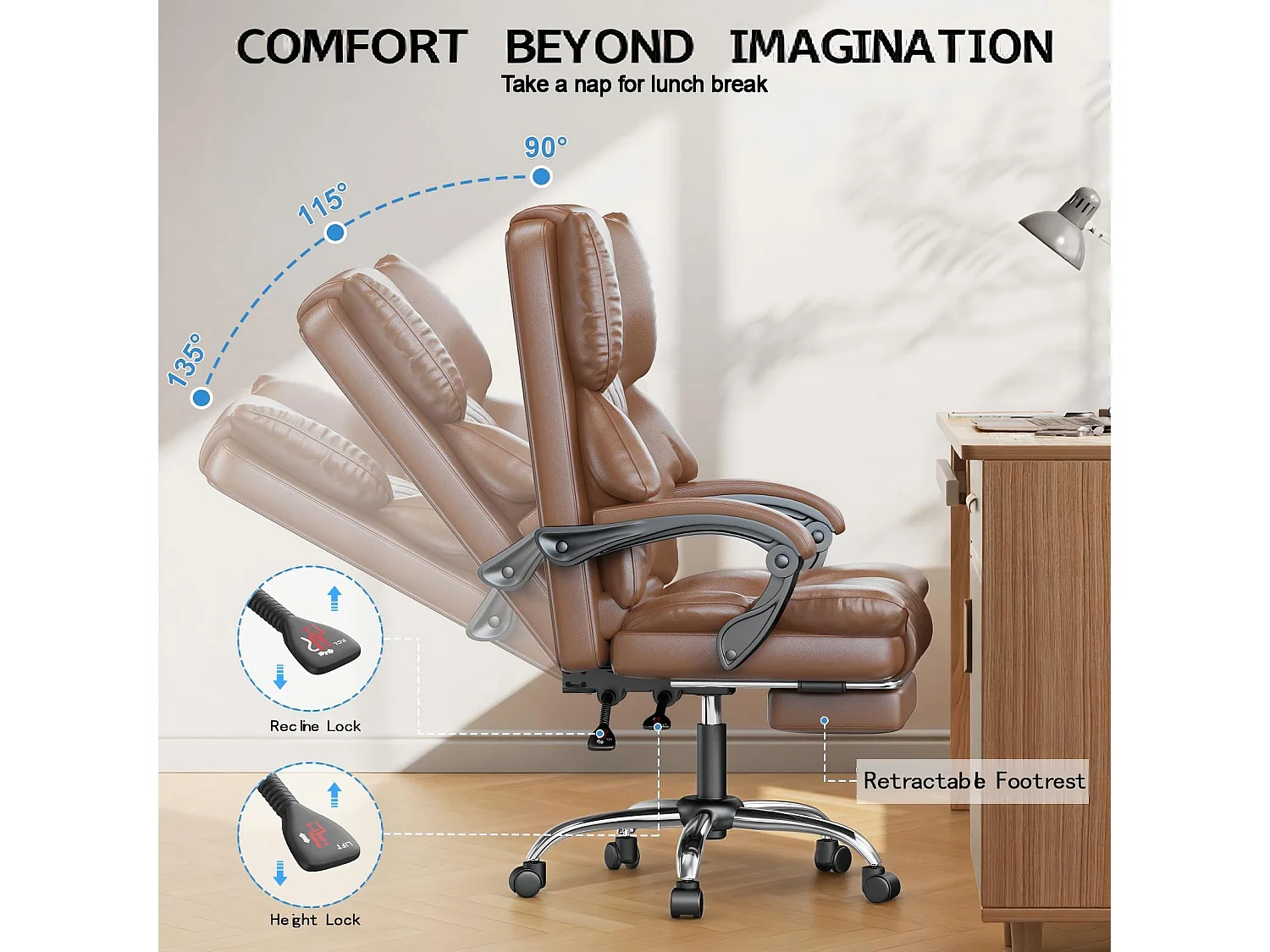 Rattantree Fauteuil de Bureau Ergonomique avec Repose-Pieds, Chaise de Bureau Inclinable en Cuir PU, Soutien Lombaire, Hauteur Réglable, Dossier Haut