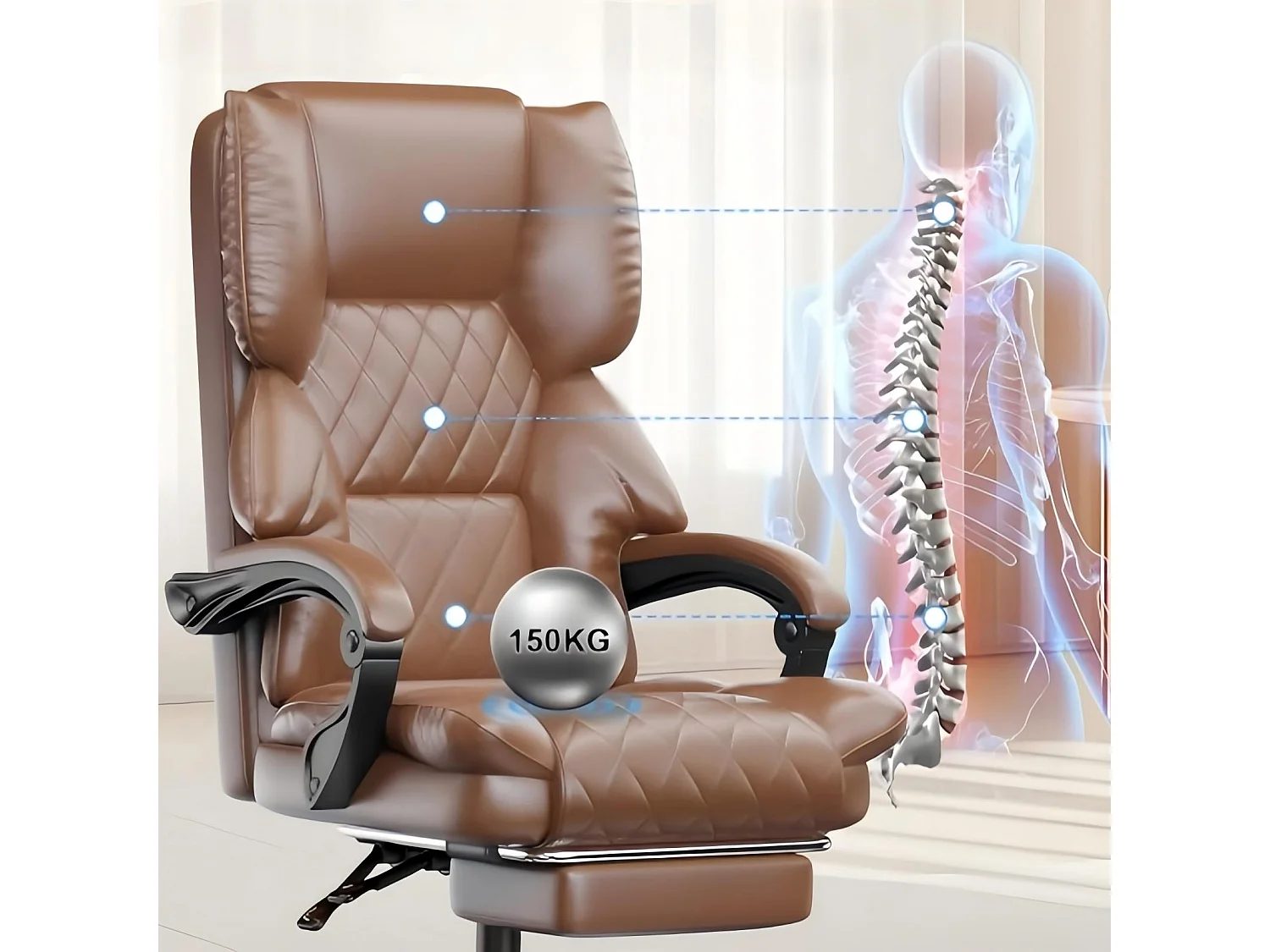 Rattantree Fauteuil de Bureau Ergonomique avec Repose-Pieds, Chaise de Bureau Inclinable en Cuir PU, Soutien Lombaire, Hauteur Réglable, Dossier Haut
