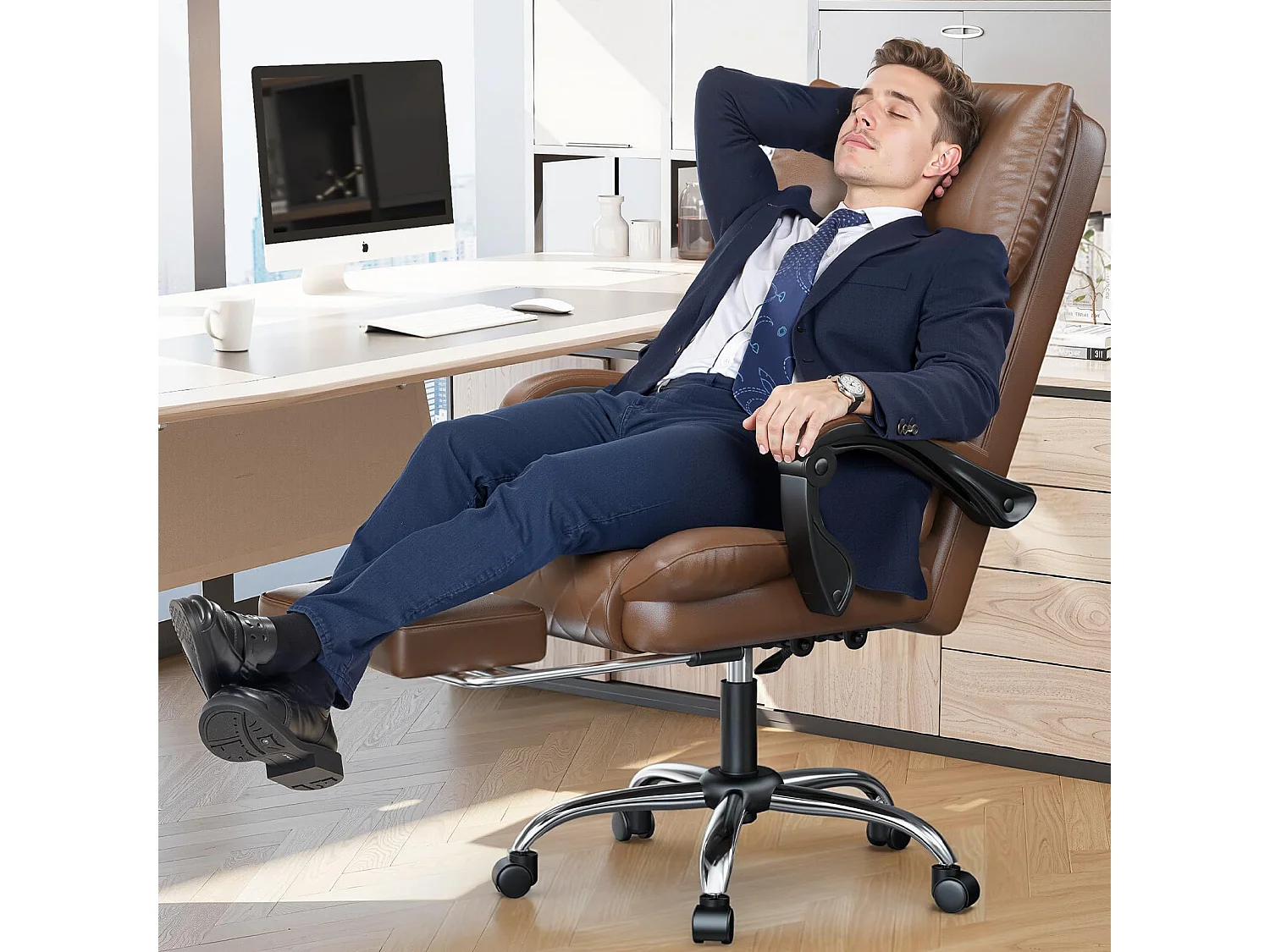 Rattantree Fauteuil de Bureau Ergonomique avec Repose-Pieds, Chaise de Bureau Inclinable en Cuir PU, Soutien Lombaire, Hauteur Réglable, Dossier Haut