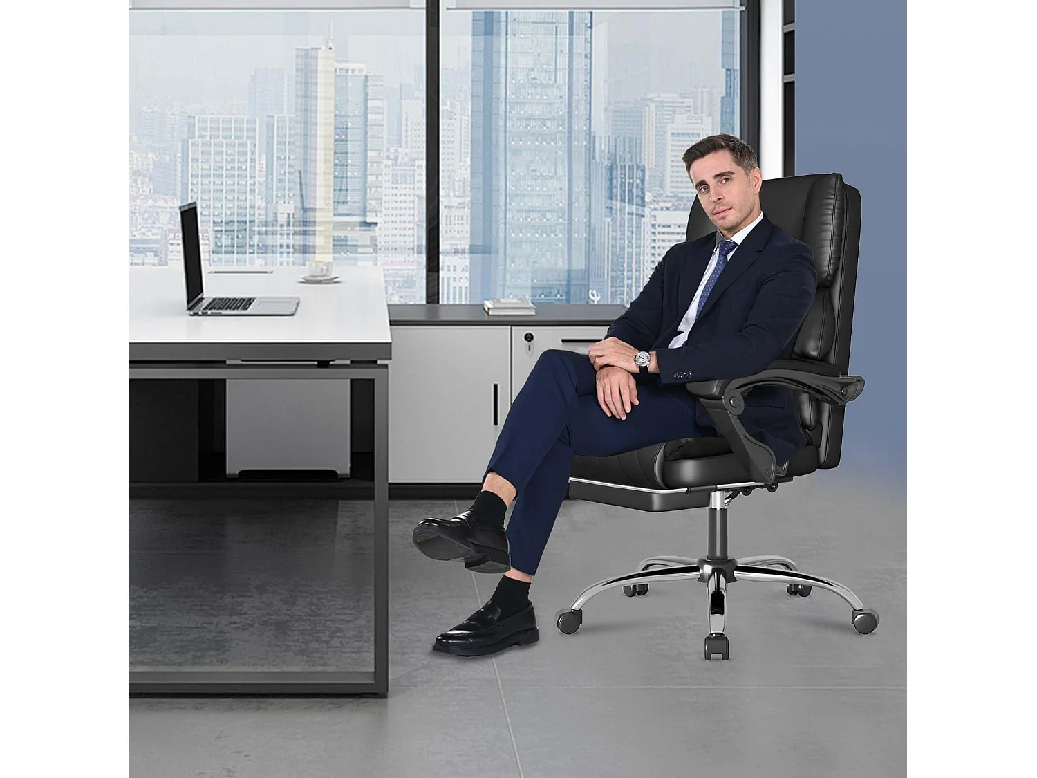 Rattantree Fauteuil de Bureau Ergonomique avec Repose-Pieds, Chaise de Bureau Inclinable en Cuir PU, Soutien Lombaire, Hauteur Réglable, Dossier Haut