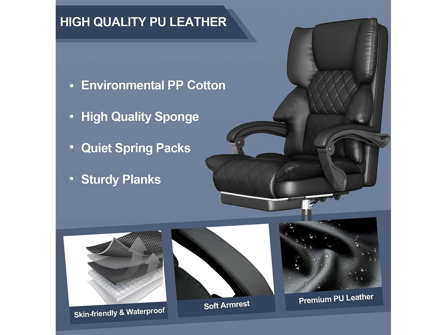 Rattantree Fauteuil de Bureau Ergonomique avec Repose-Pieds, Chaise de Bureau Inclinable en Cuir PU, Soutien Lombaire, Hauteur Réglable, Dossier Haut