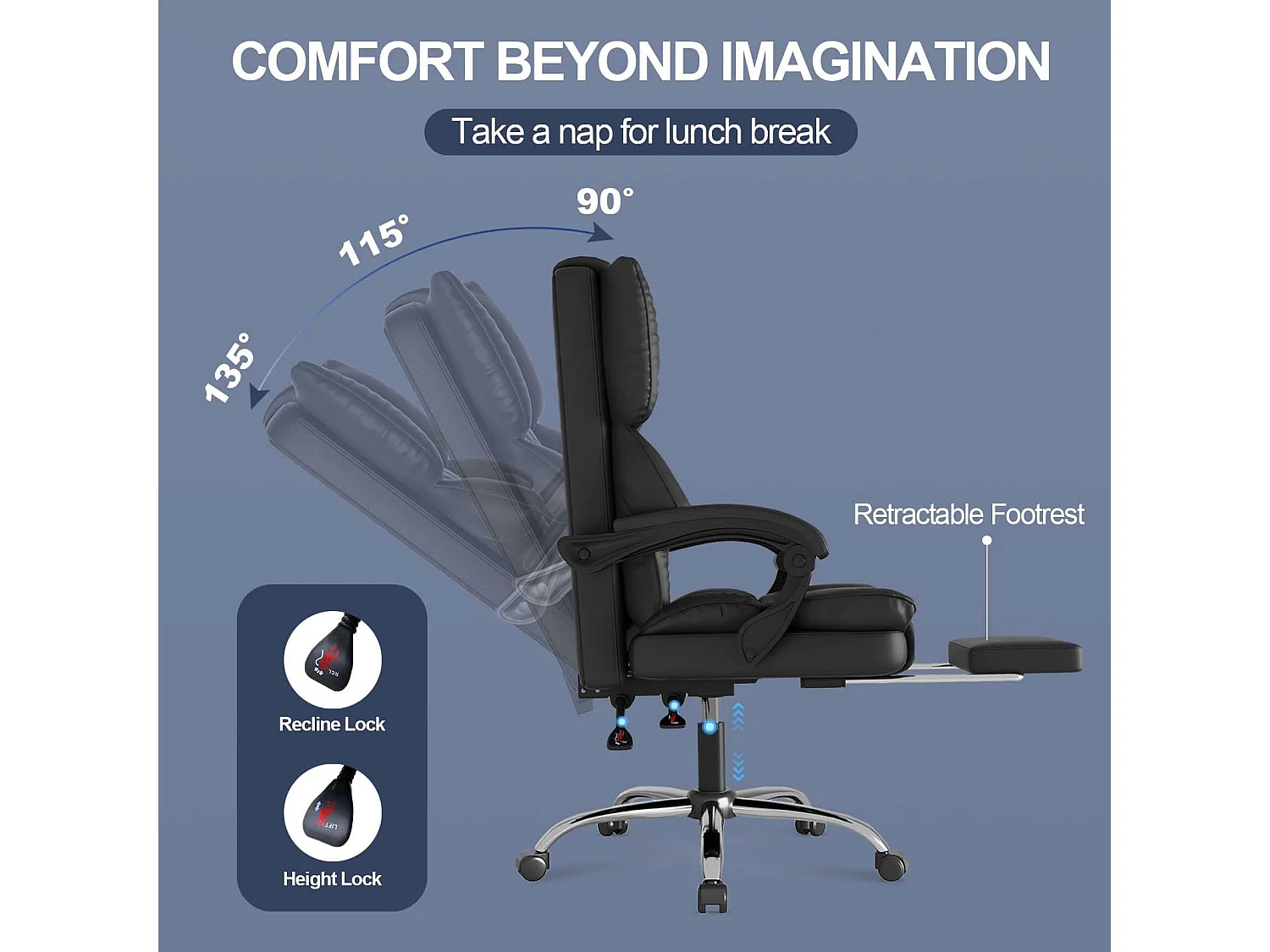 Rattantree Fauteuil de Bureau Ergonomique avec Repose-Pieds, Chaise de Bureau Inclinable en Cuir PU, Soutien Lombaire, Hauteur Réglable, Dossier Haut