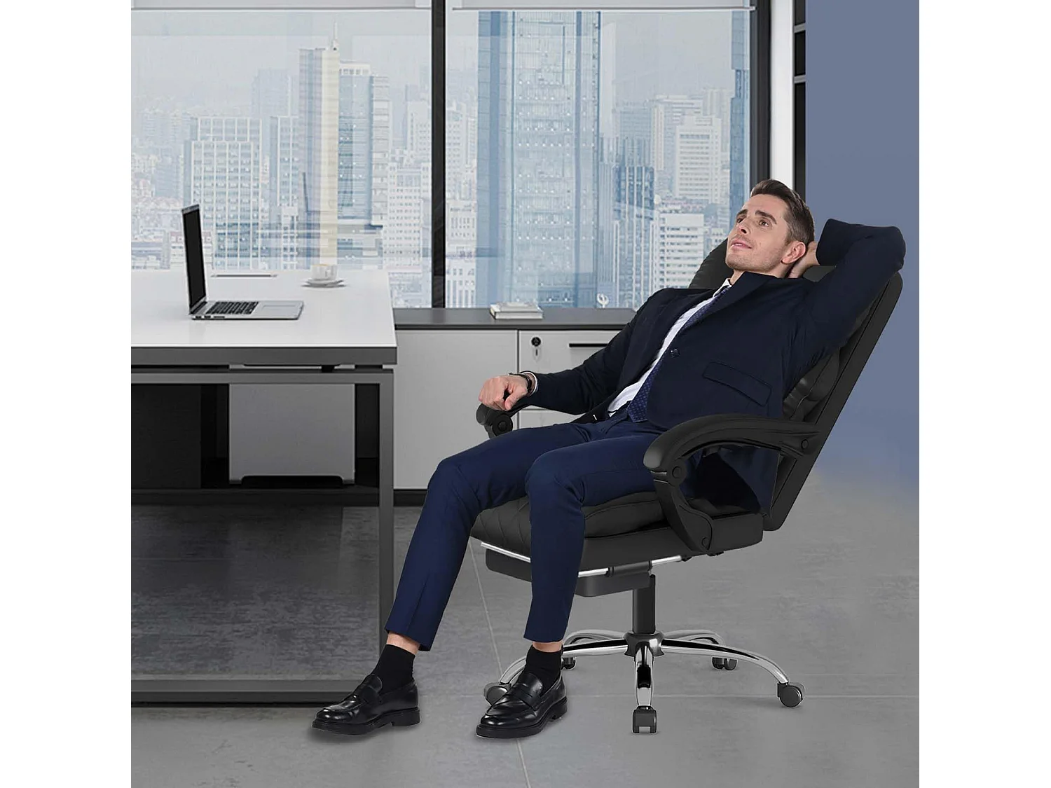 Rattantree Fauteuil de Bureau Ergonomique avec Repose-Pieds, Chaise de Bureau Inclinable en Cuir PU, Soutien Lombaire, Hauteur Réglable, Dossier Haut