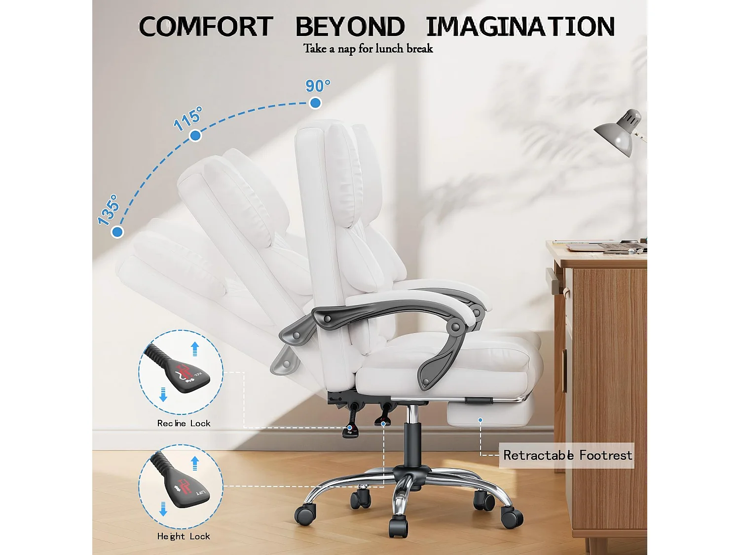 Rattantree Fauteuil de Bureau Ergonomique avec Repose-Pieds, Chaise de Bureau Inclinable en Cuir PU, Soutien Lombaire, Hauteur Réglable, Dossier Haut