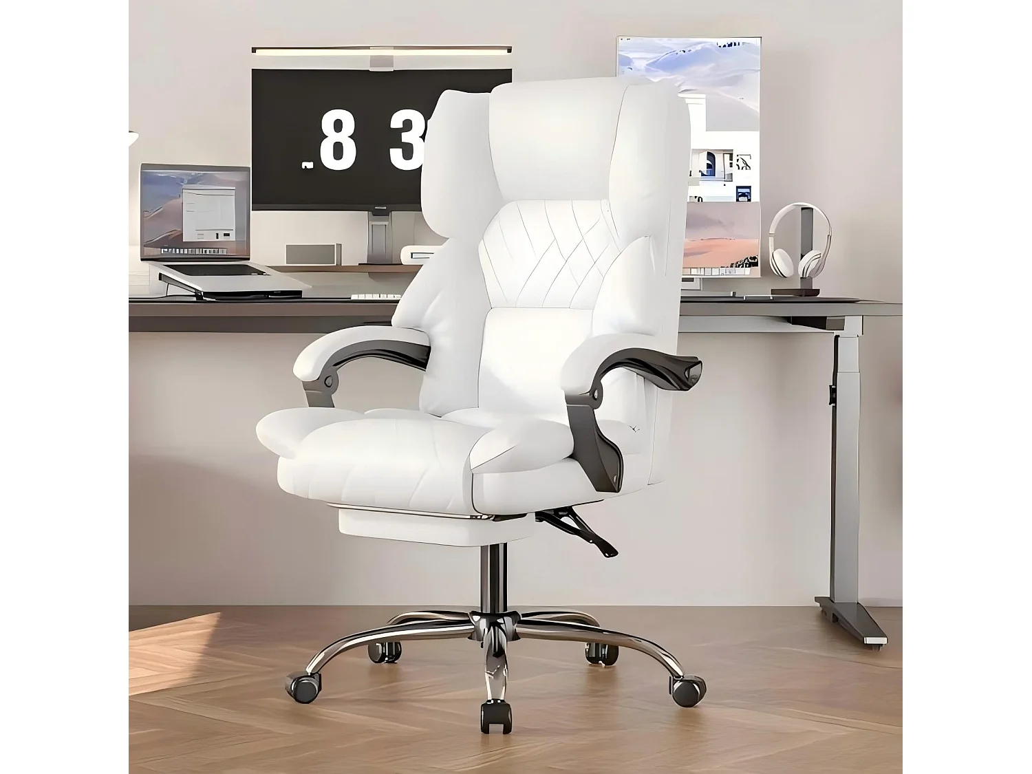 Rattantree Fauteuil de Bureau Ergonomique avec Repose-Pieds, Chaise de Bureau Inclinable en Cuir PU, Soutien Lombaire, Hauteur Réglable, Dossier Haut