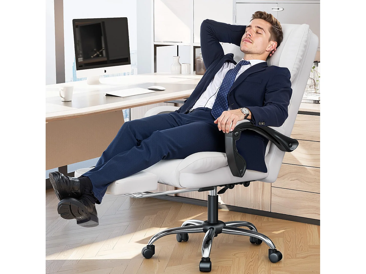 Rattantree Fauteuil de Bureau Ergonomique avec Repose-Pieds, Chaise de Bureau Inclinable en Cuir PU, Soutien Lombaire, Hauteur Réglable, Dossier Haut