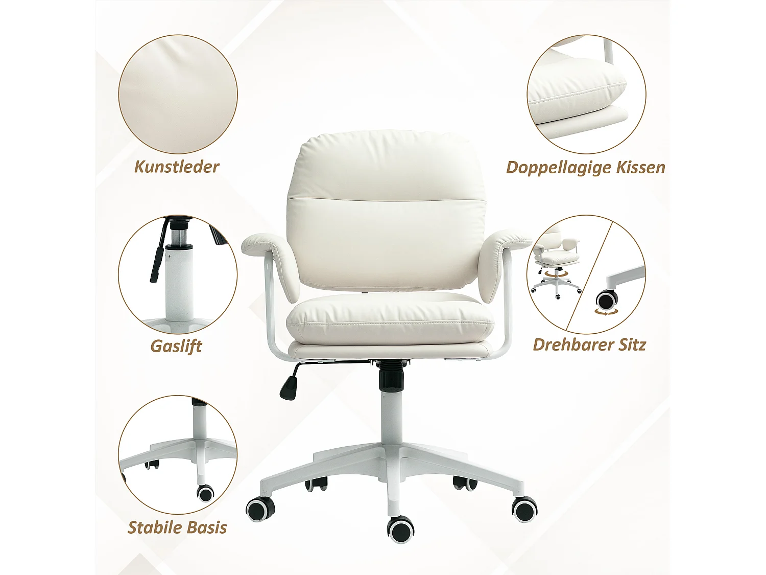 Fauteuil de bureau rembourré blanc avec fonction d'inclinaison, fauteuil pivotant réglable en hauteur avec repose-pieds, en simili cuir, pour le bureau
