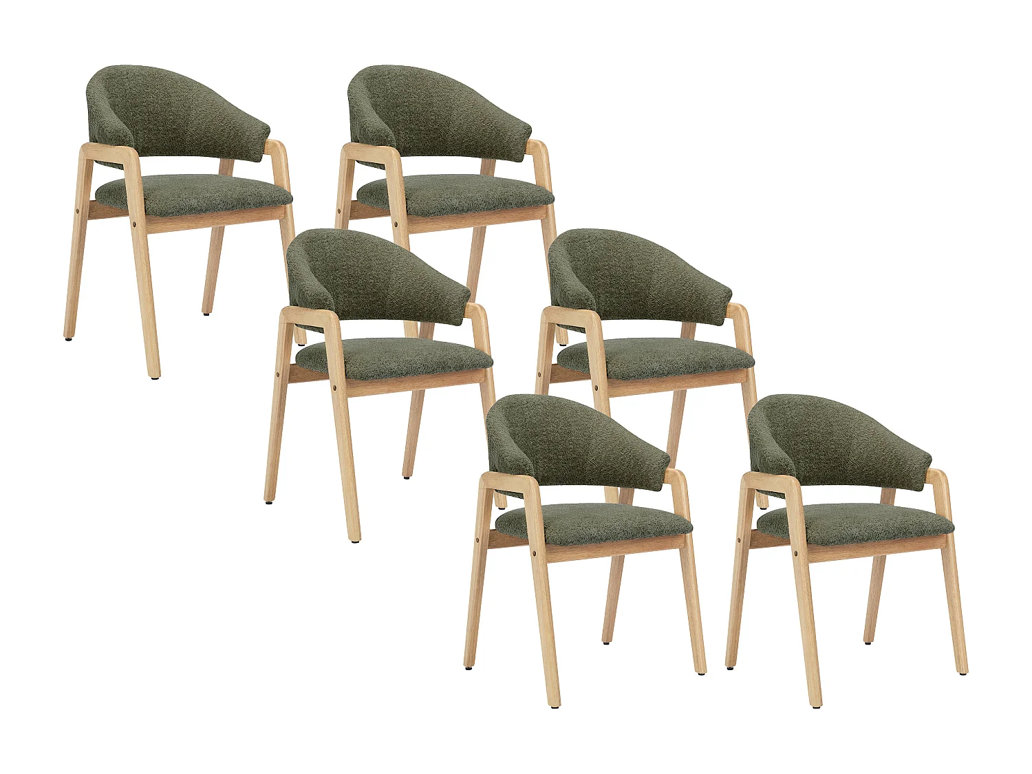 Lot de 6 chaises avec accoudoirs en tissu bouclette et bois d'hévéa - Vert et naturel - SOLUNA