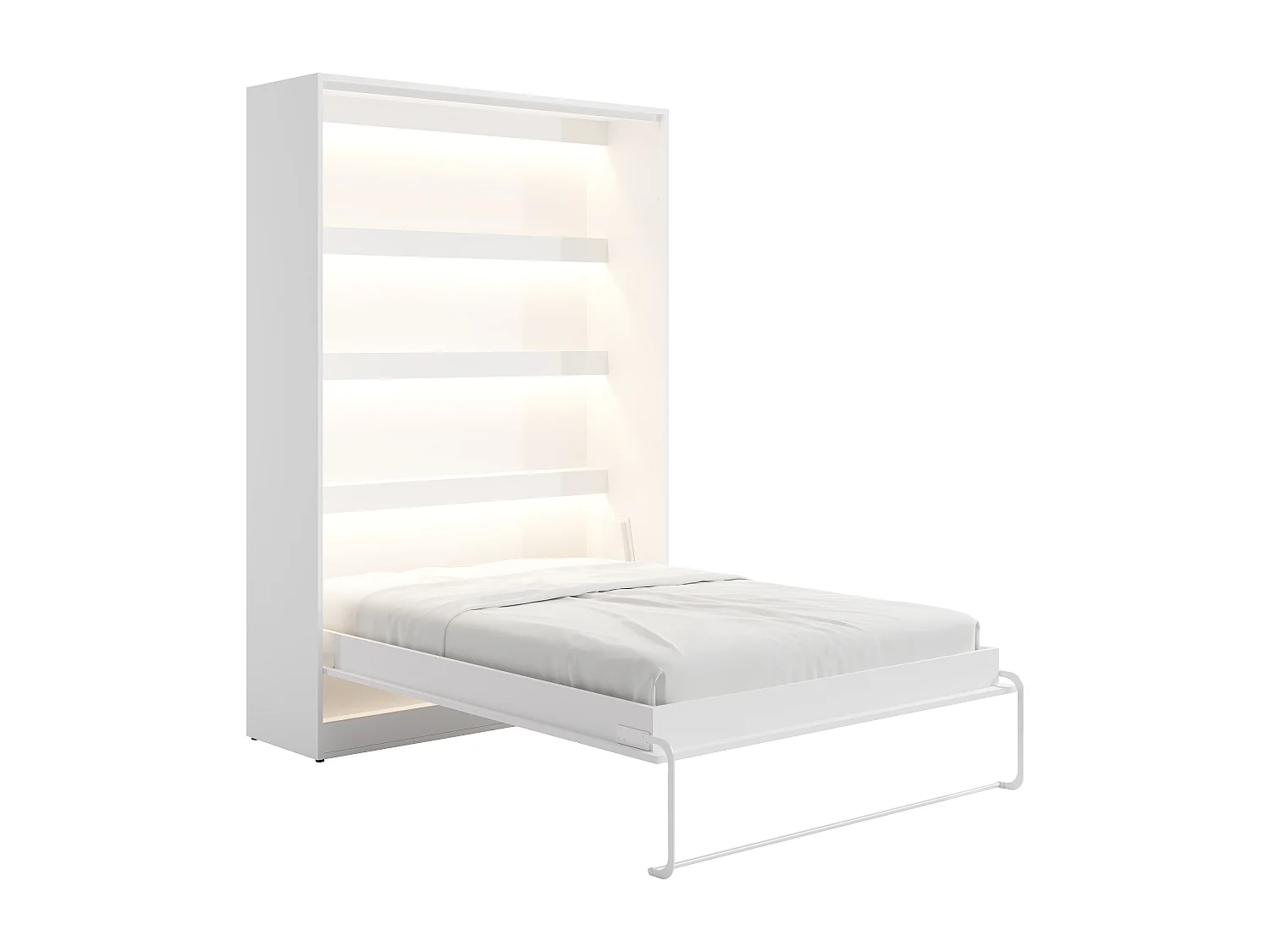Lit escamotable 140 x 200 cm avec tête de lit en velours côtelé - Ouverture verticale manuelle - Avec LEDs - Blanc - RAPILI