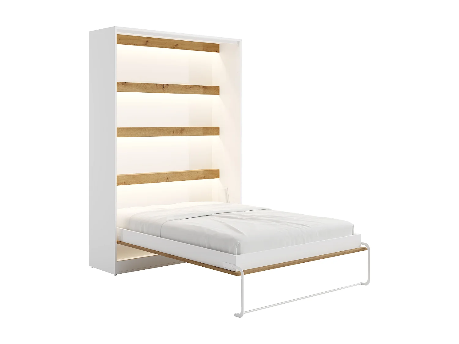 Lit escamotable 140 x 200 cm avec tête de lit en velours côtelé - Ouverture verticale manuelle - Avec LEDs - Blanc et naturel - RAPILI