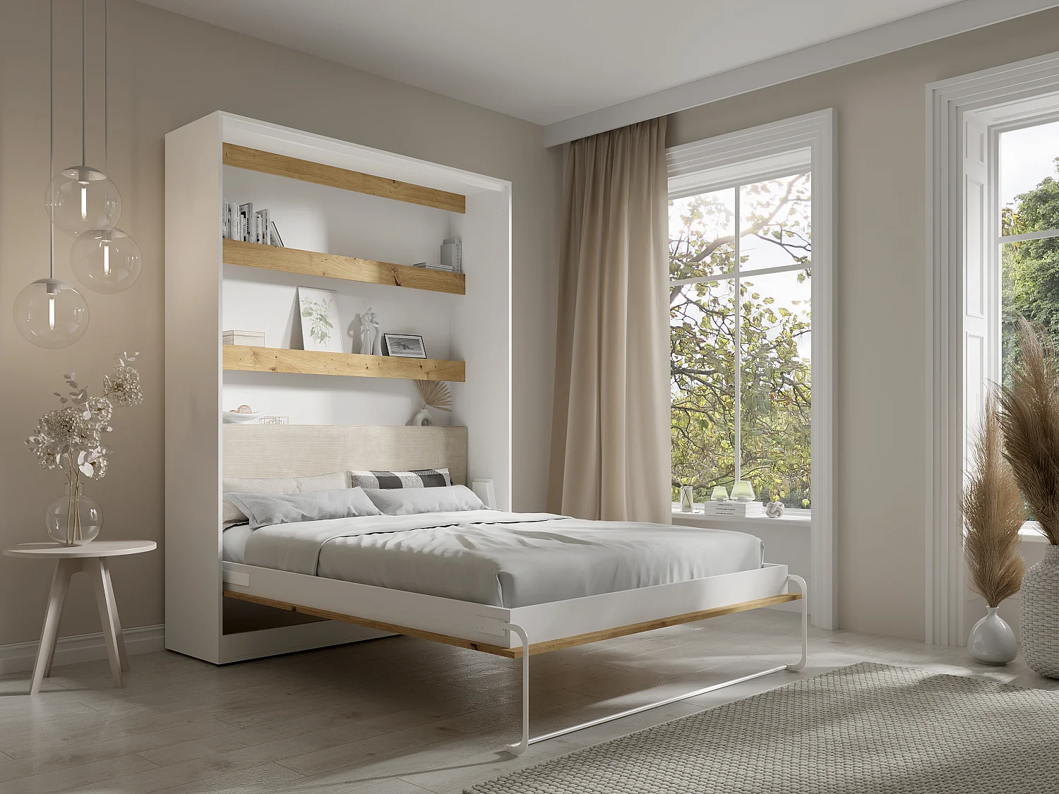 Lit escamotable 160 x 200 cm avec tête de lit en velours côtelé - Ouverture verticale manuelle - Avec LEDs - Blanc et naturel - RAPILI