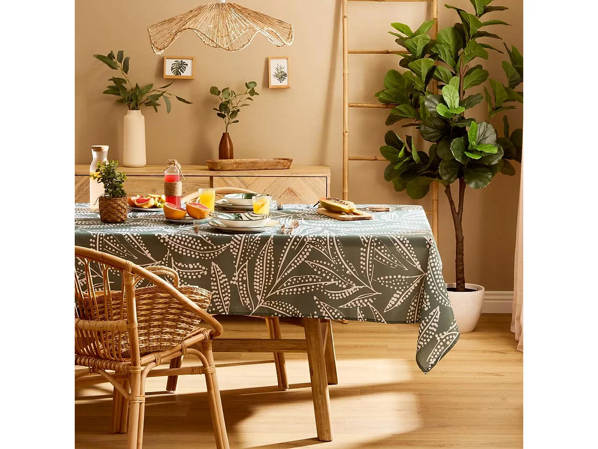 Nappe Antitache Imprimée "Tropical" 140x240cm Vert Olive