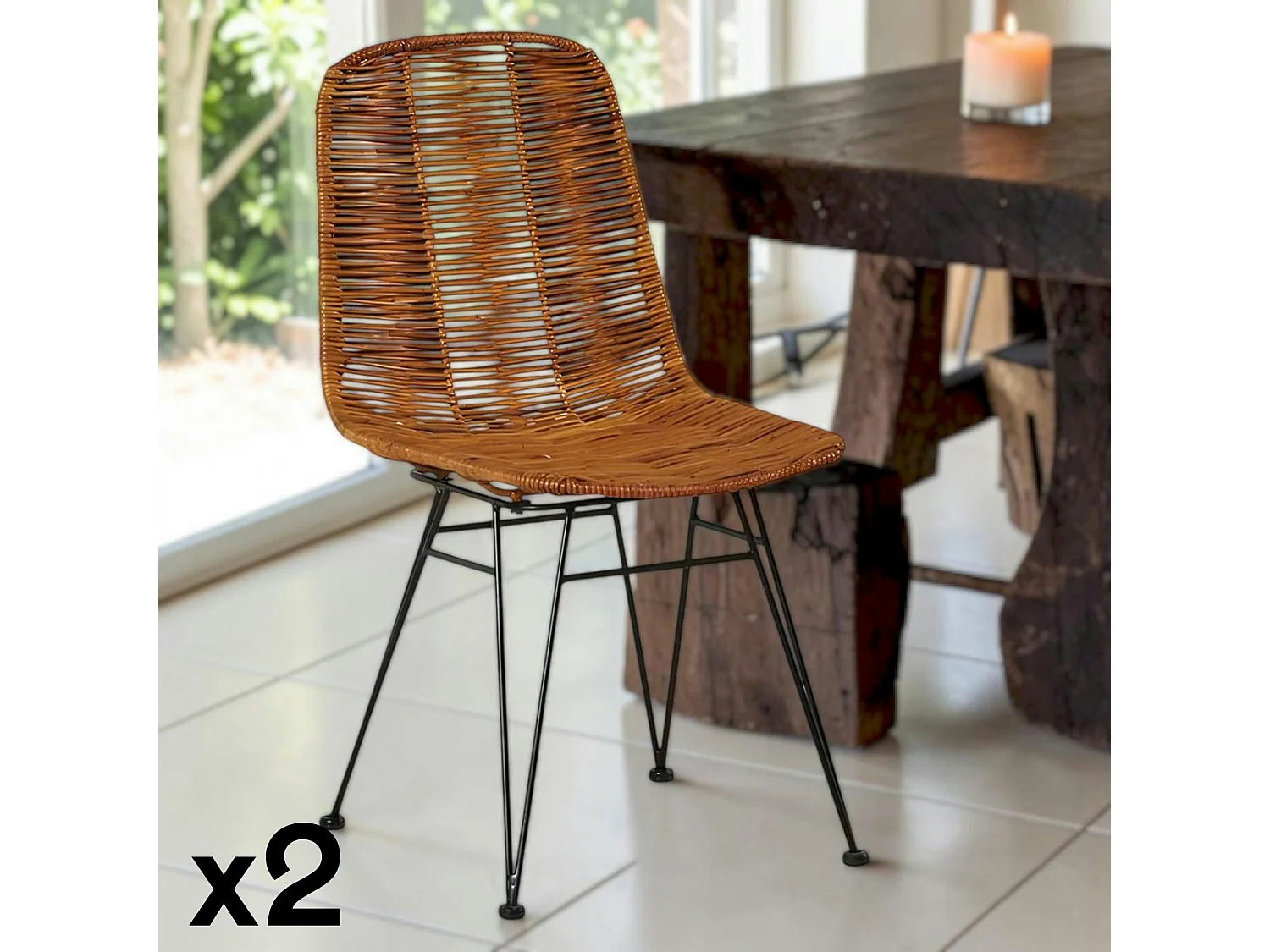 Chaise en rotin naturel pieds métal noir (lot de 2) CANADA