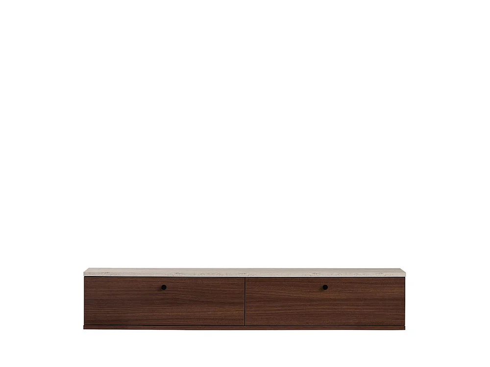 Yara - Meuble tv suspendu 2 portes en bois et effet travertin L140cm - Bois foncé