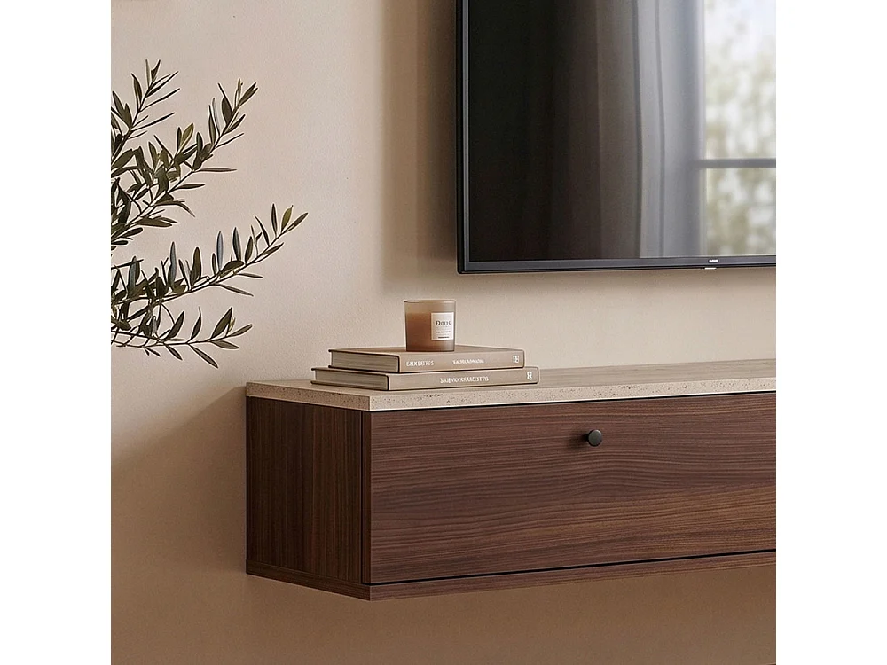 Yara - Meuble tv suspendu 2 portes en bois et effet travertin L140cm - Bois foncé