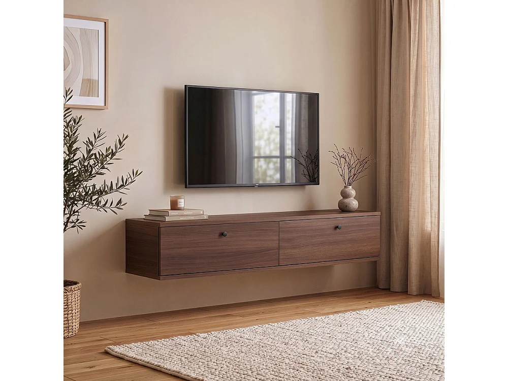 Yara - Meuble tv suspendu 2 portes en bois L140cm - Bois foncé