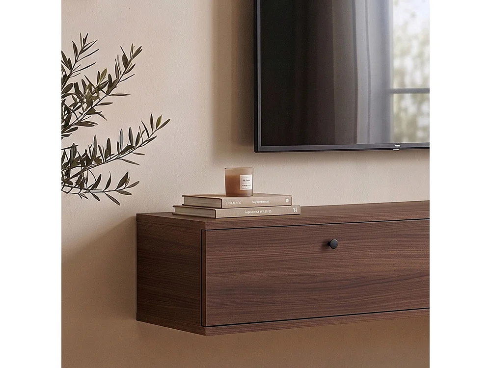 Yara - Meuble tv suspendu 2 portes en bois L140cm - Bois foncé