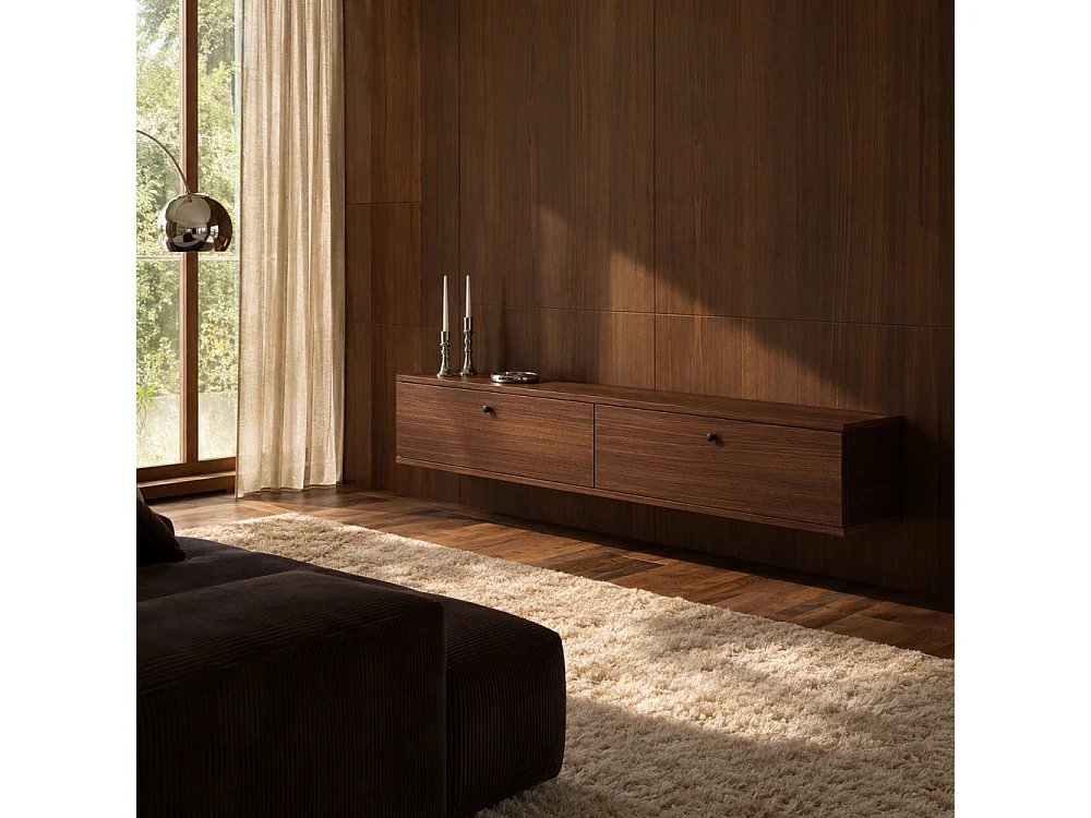 Yara - Meuble tv suspendu 2 portes en bois L160cm - Bois foncé