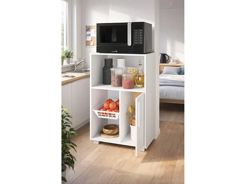 Desserte de Cuisine Micro-Onde Blanche Mobile 1 Porte 1 Panier L 54 H 80 P 35.5 cm