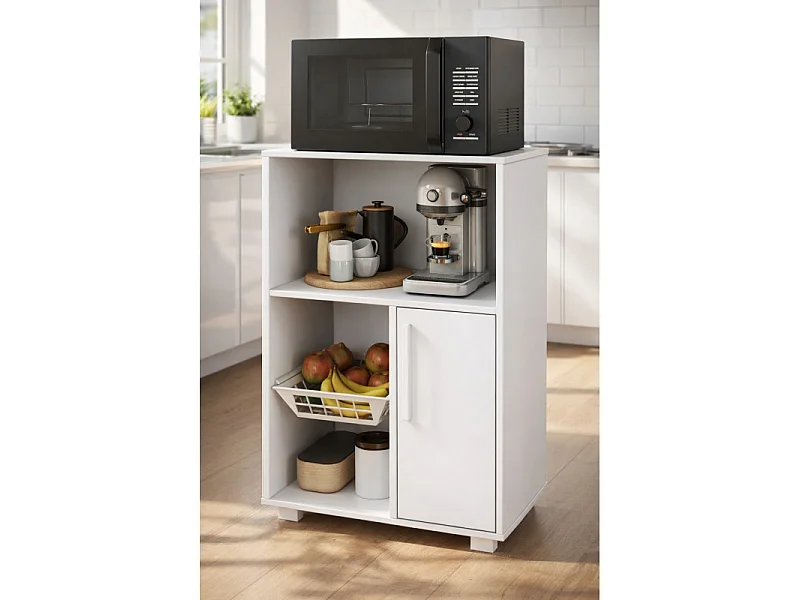 Desserte de Cuisine Micro-Onde Blanche Mobile 1 Porte 1 Panier L 54 H 80 P 35.5 cm