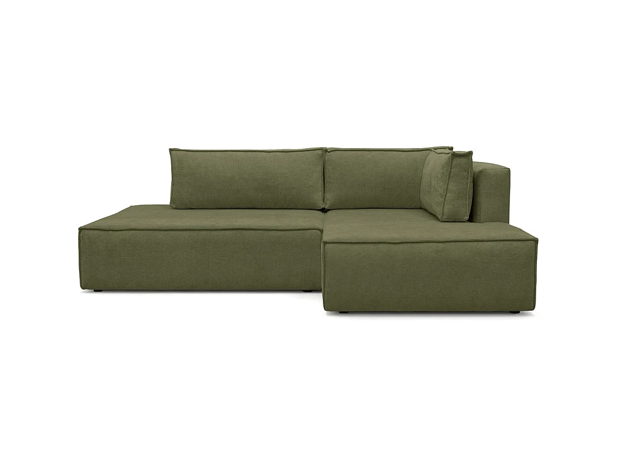 Canapé d'angle à droite convertible 3 places avec coffre en tissu chenille vert olive - Barani
