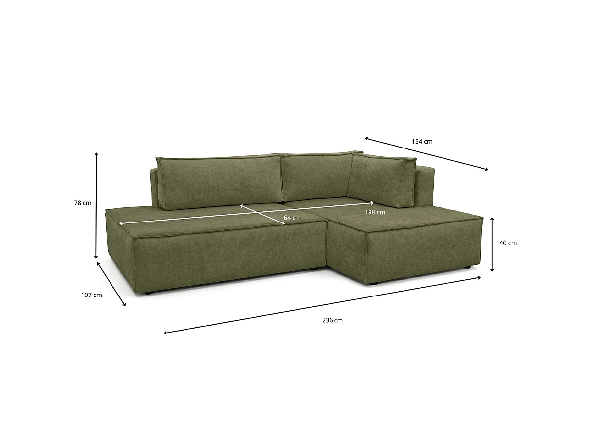 Canapé d'angle à droite convertible 3 places avec coffre en tissu chenille vert olive - Barani