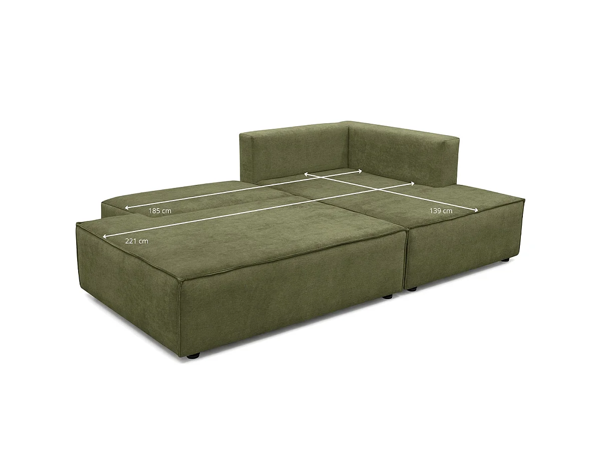 Canapé d'angle à droite convertible 3 places avec coffre en tissu chenille vert olive - Barani